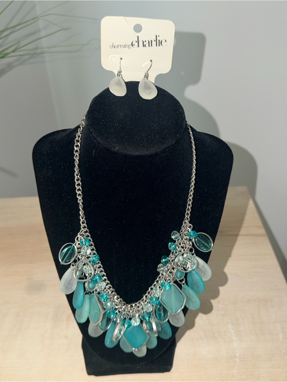 Teal & Silver Dangle Statement Necklace with Tear Drop Earrings